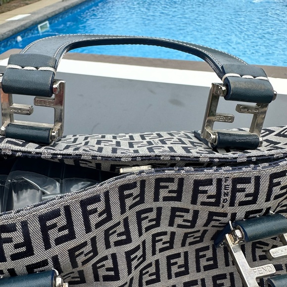 FENDI Vintage Zucchino  Navy Leather & Grey Canvas Tote Bag - Picture 8 of 17